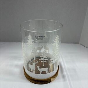 6" Hand Painted Clear Glass Vase/Candle Holder With a Wooden Base.